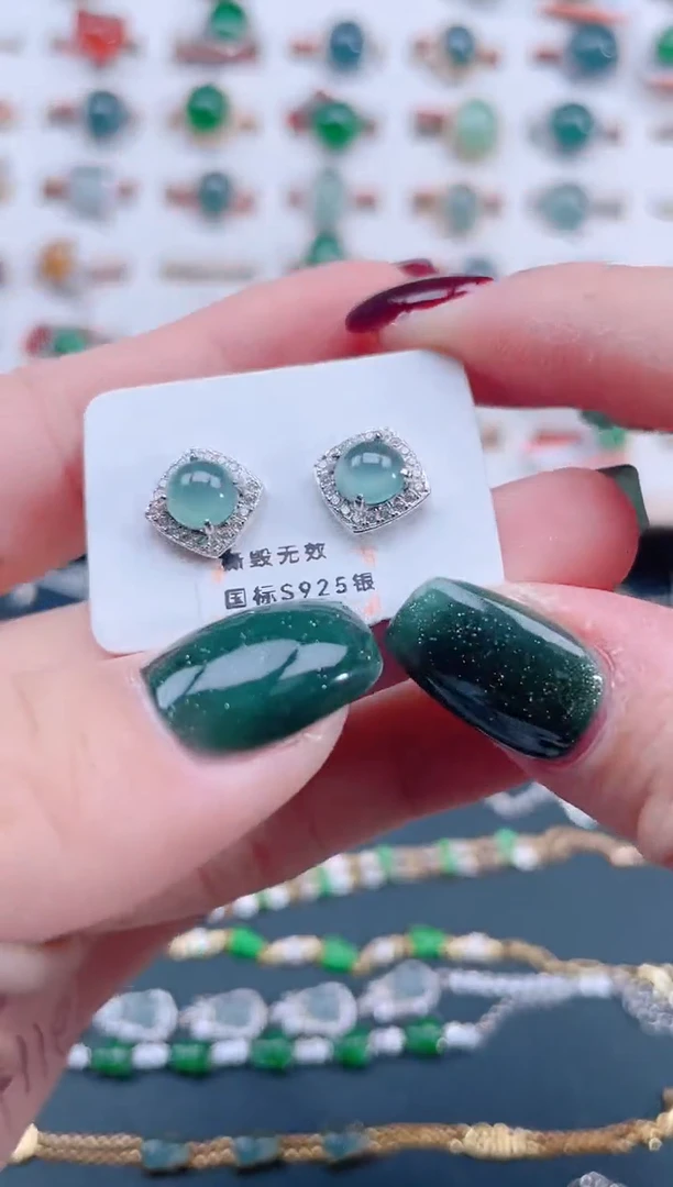 银S925镶嵌翡翠耳饰天然翡翠