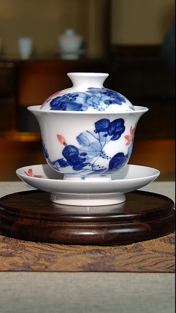 景德镇 全手制手绘青花佳彩桂鱼三才盖碗