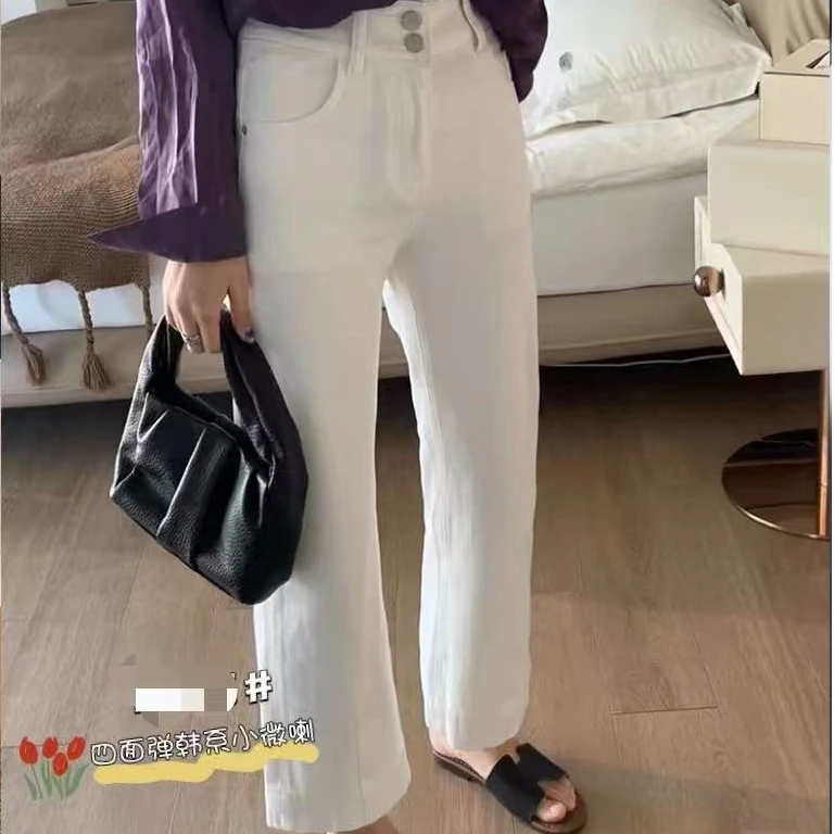 东大门精选Q026款气质复古四面微弹喇叭九分小个子牛仔裤