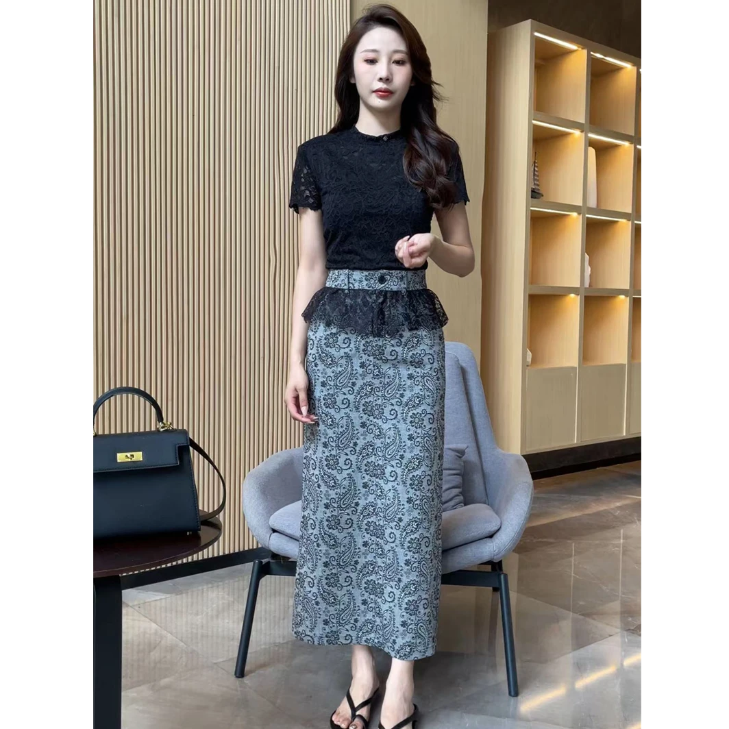 【梦婷家】夏季新款设计感蕾丝花边优雅洋气显瘦百搭a字裙-25846