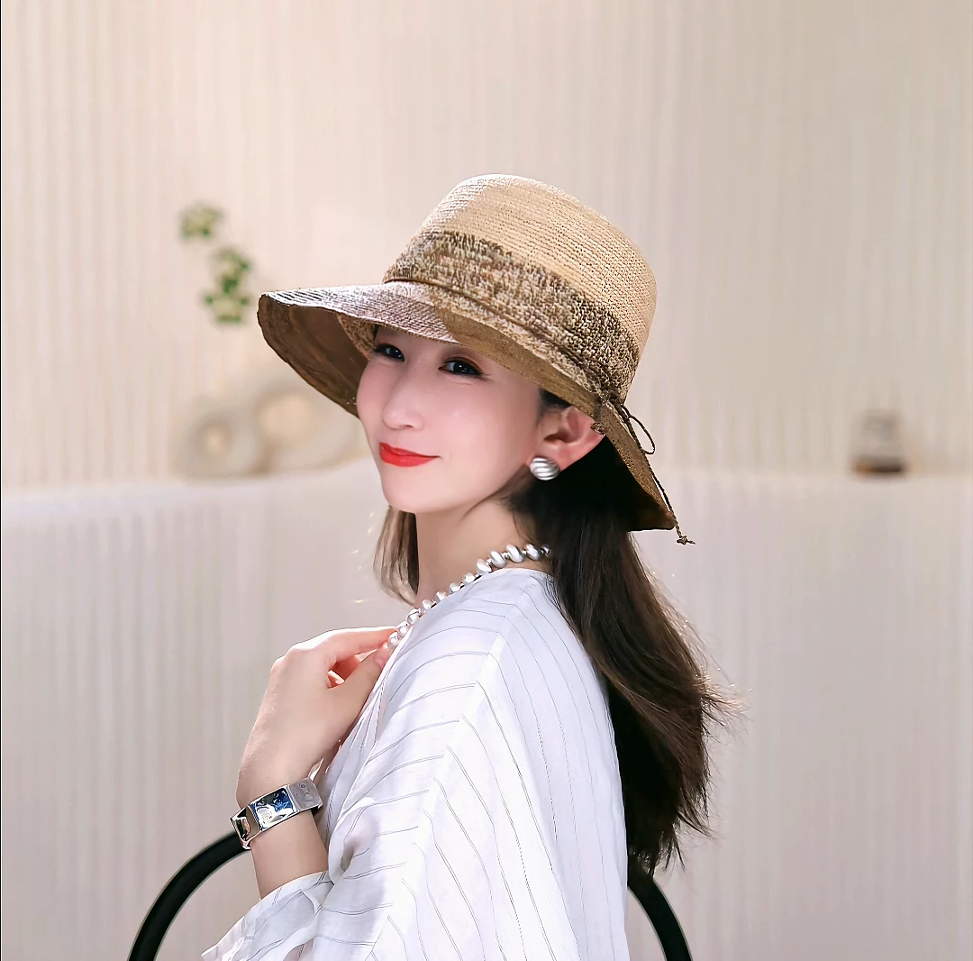 特细出游拉菲草帽女夏季海边大檐沙滩帽防紫外线遮阳渔夫帽可折叠