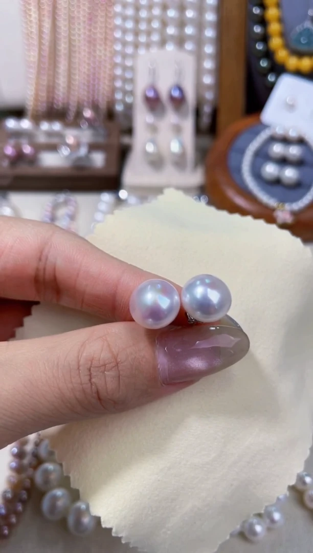 银S925镶嵌淡水珍珠耳钉10-11MM