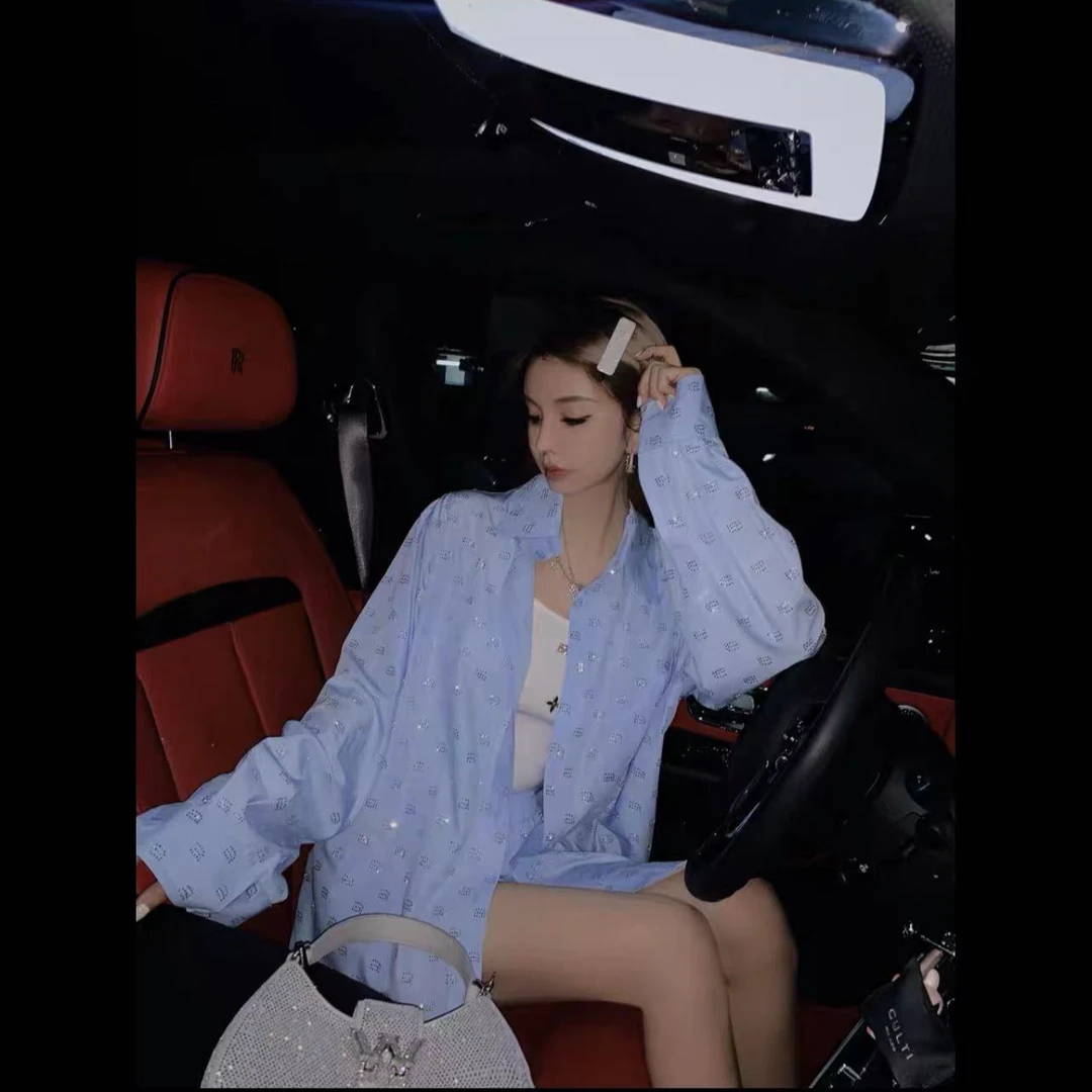 YIMENG/逸梦【蓝湖薄雾】蓝色a字烫钻立领时尚百搭宽松衬衫套装