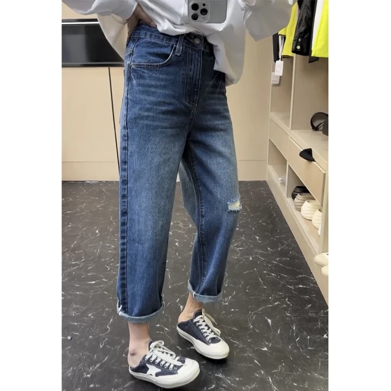 韩版小个子破洞显瘦哈伦牛仔裤女2025年夏薄款百搭九分老爹直筒裤