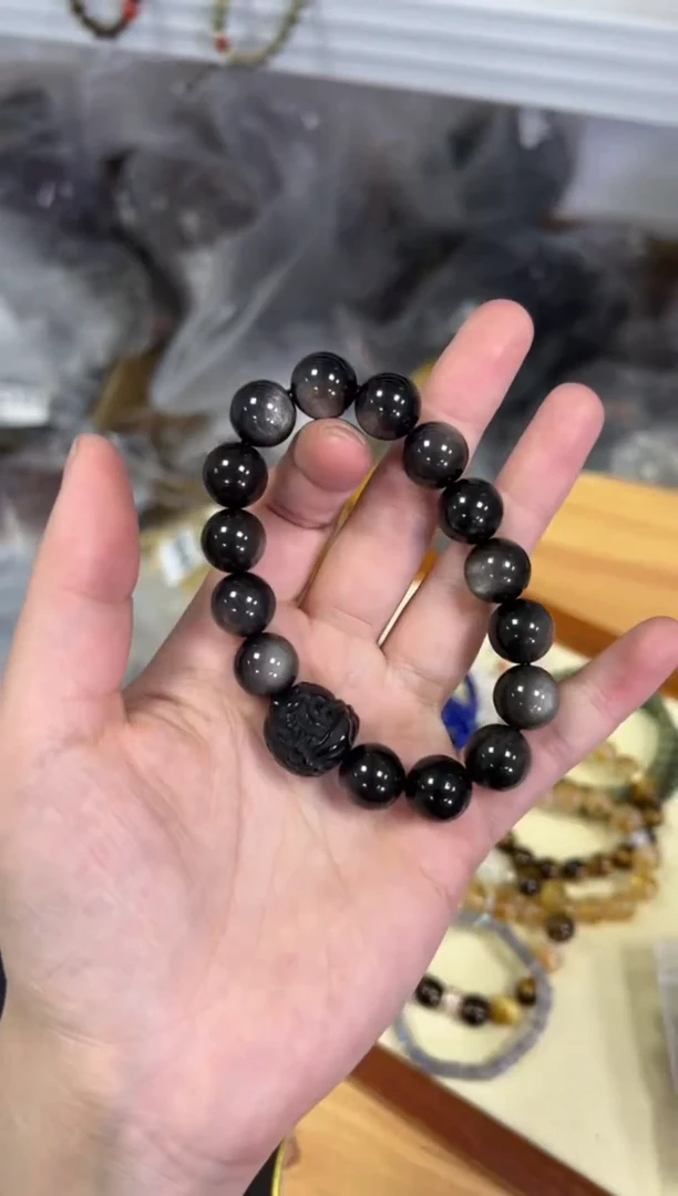 【闪购商品】黑曜岩手链未镶嵌银曜石醒狮款手串12M[0668]