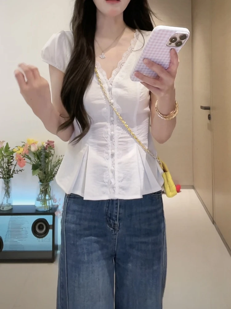 胖MM大码女装短袖雪纺上衣2025新款韩系chic别致蕾丝拼接收腰衬衫