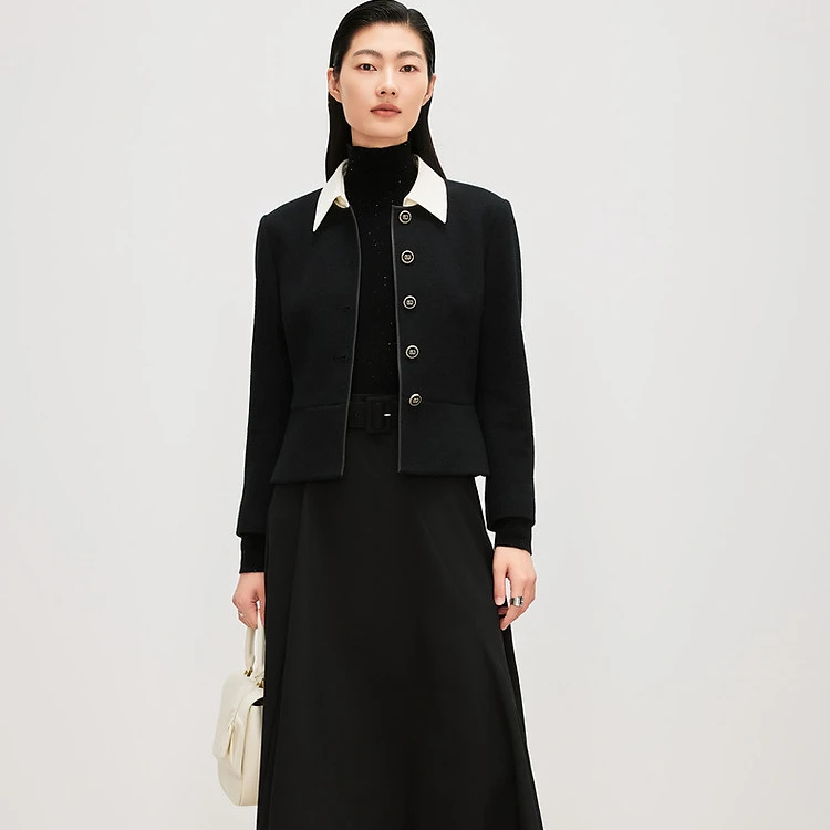 【晨粉专享价】秋小香风撞色拼接Polo领定制纽扣中厚外套女