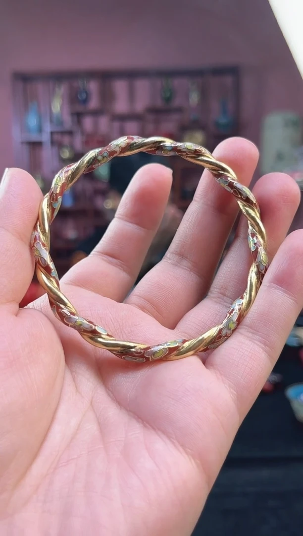 非遗 景泰蓝麻花镯 65 半金地  砖红