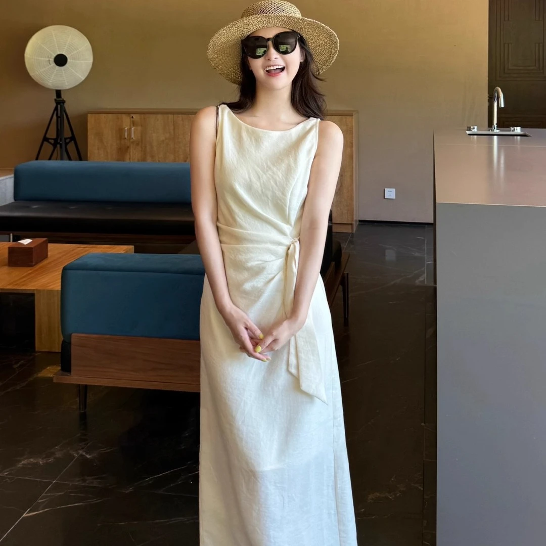 法式圆领褶皱开叉巨好看的掐腰无袖背心连衣裙轻奢高级感5345
