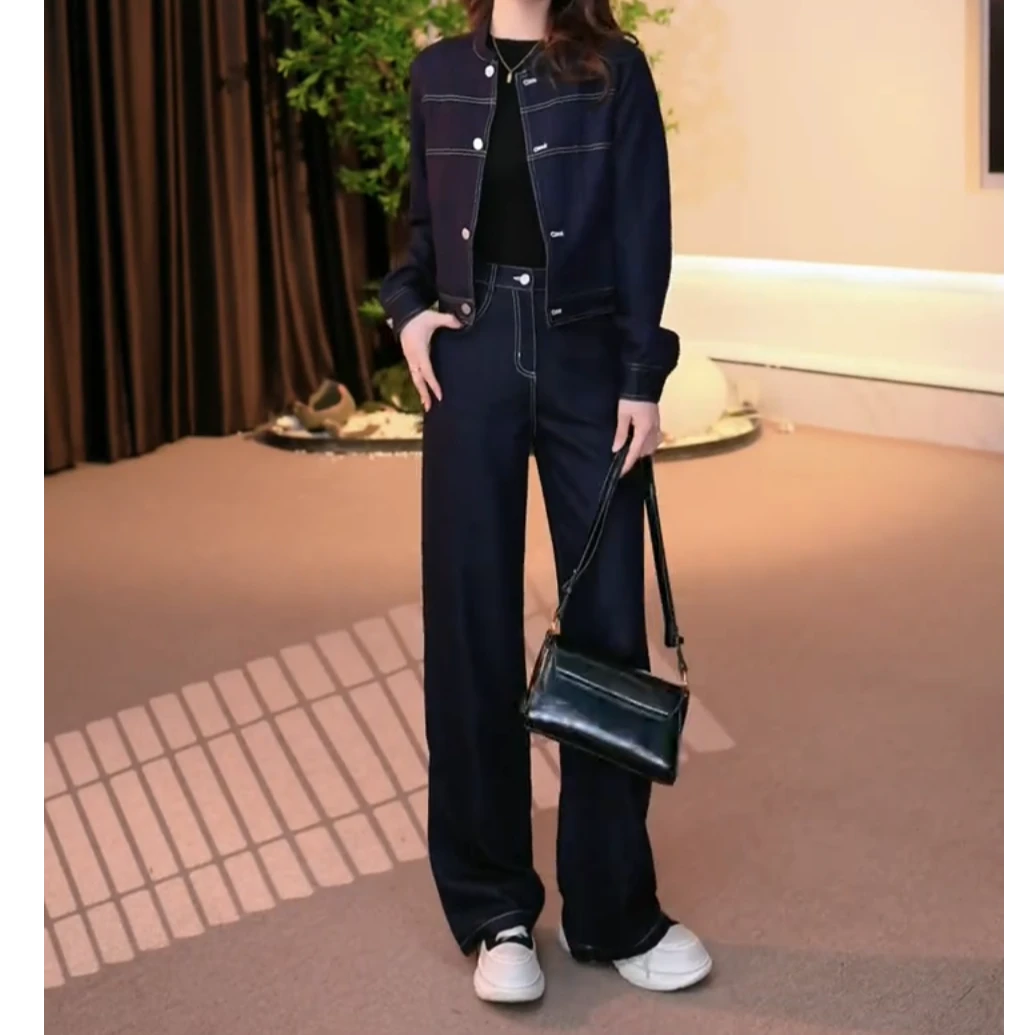 新款套装2025早春时尚高定轻奢气质显瘦牛仔复古外套直筒裤两件套