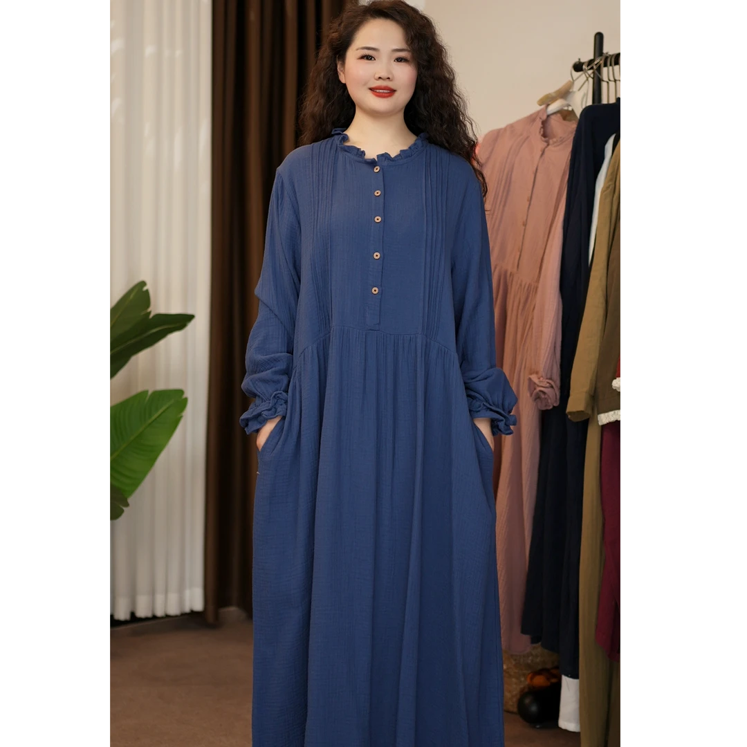 [麻衣舍]新款纯棉双纱前排扣木耳花边大摆裙休闲舒适长袖气质