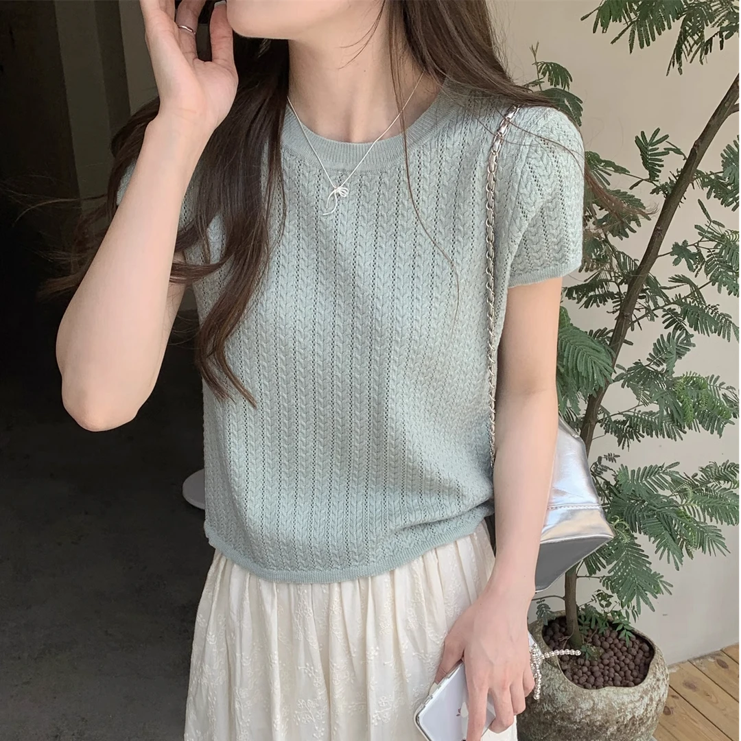 麻花镂空韩版针织衫短袖女2025春夏设计感短款打底衫圆领上衣薄款