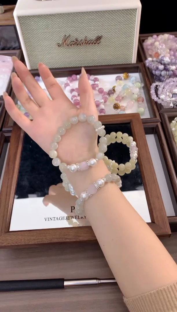 未镶嵌手链水晶桃禧 绿月光粉随形贝珠环