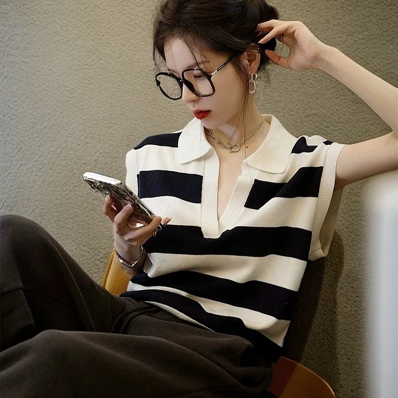 条纹POLO领直襟圆领短袖无袖翻领背心上衣休闲慵懒风马甲百搭