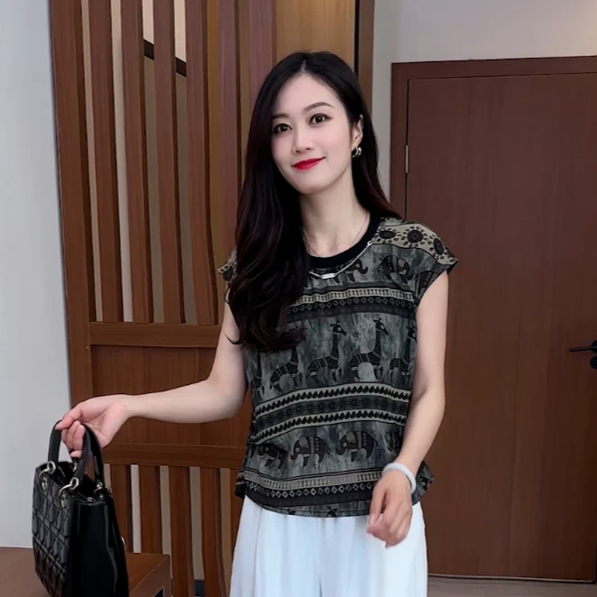 圆领设计感时尚百搭无袖T恤小衫女新款2025夏季洋气印花复古上衣
