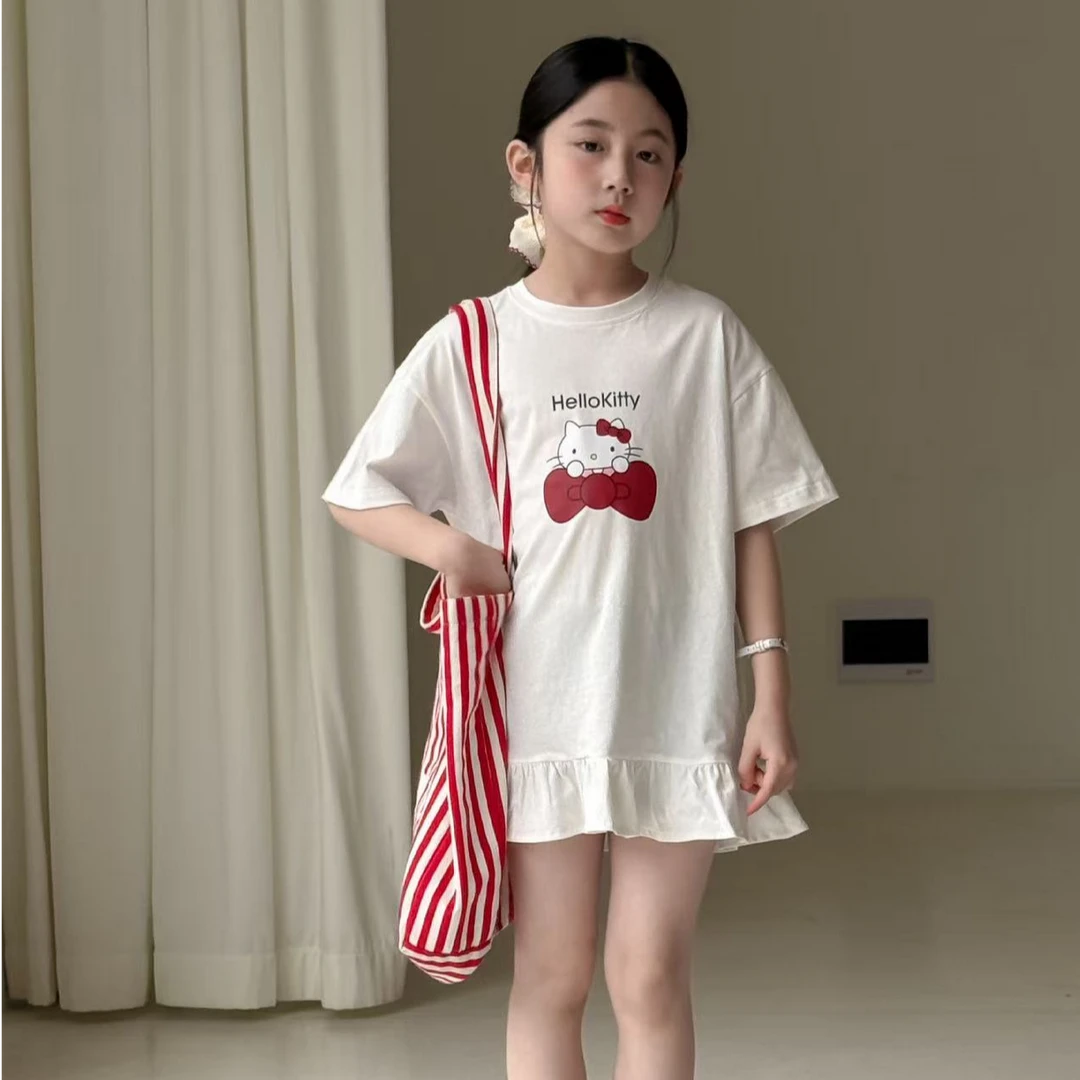 女童夏季连衣裙韩版中小童宽松时尚圆领小猫咪卡通印花荷叶边裙子