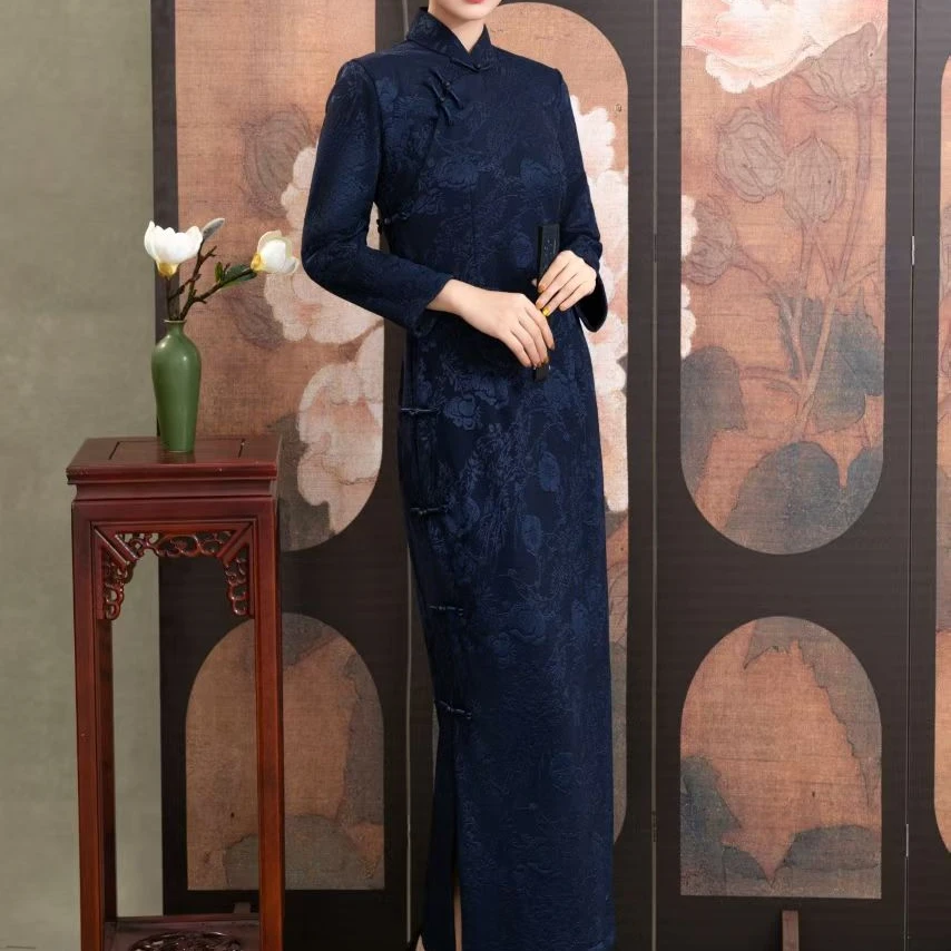 《蓝烟》全开襟针织提花加绒加厚优雅气质长款低开叉旗袍