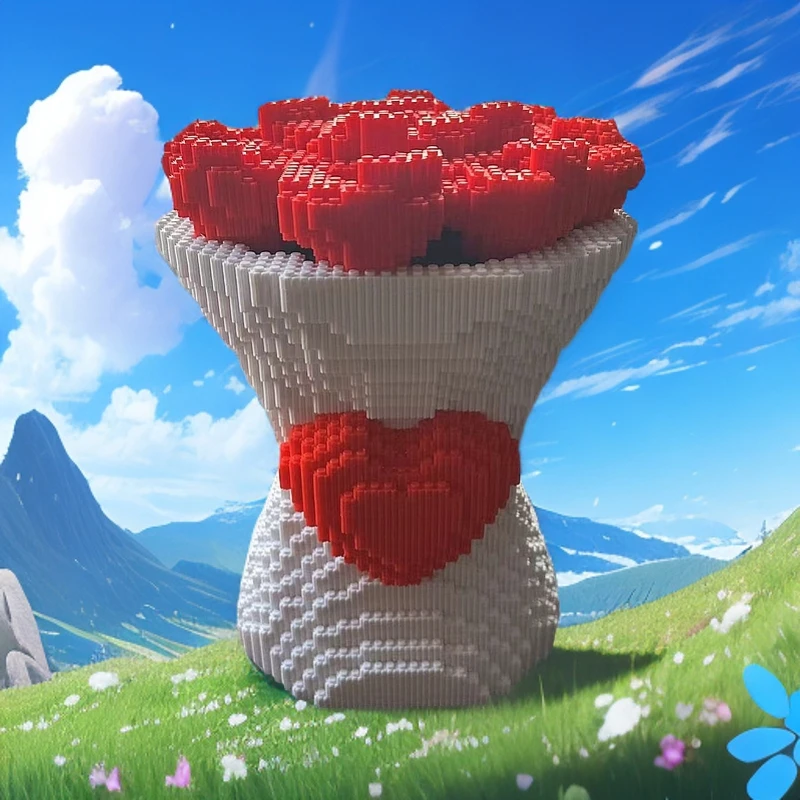 小颗粒玫瑰花立体积木家居摆件情人节礼物送女神礼品潮玩拼图玩具