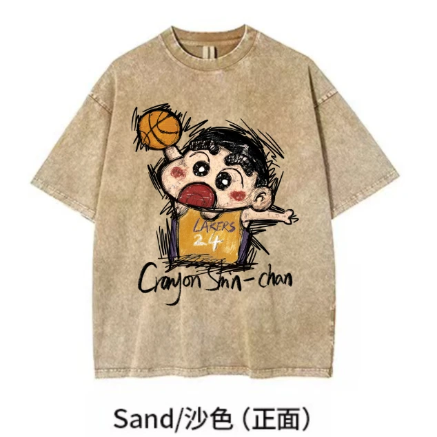 【灌篮科比小新】}KiKiTee oversize洗水做旧风宽松260g纯棉手绘T恤