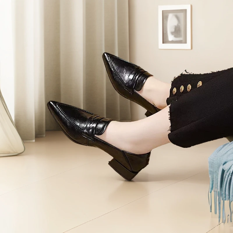 2025春季新款法式气质软皮粗跟尖头时尚百搭英伦风简约乐福鞋女鞋