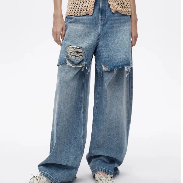 AVVENN2025春季新品磨破做旧复古时尚假两件前片牛仔裤AL11302605