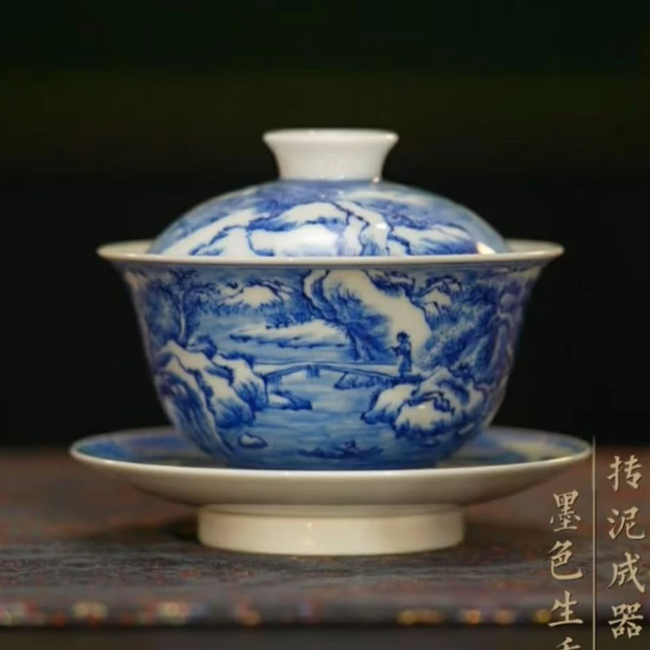 惜之悟造/青花山水重工雪景盖碗