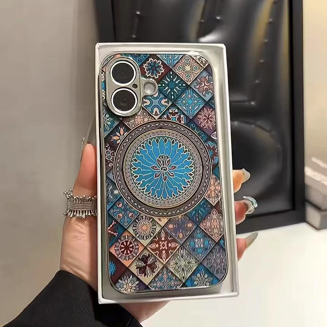 电镀玻璃直边创意个性五彩图腾莲花适用苹果15/16高级感14/13/12