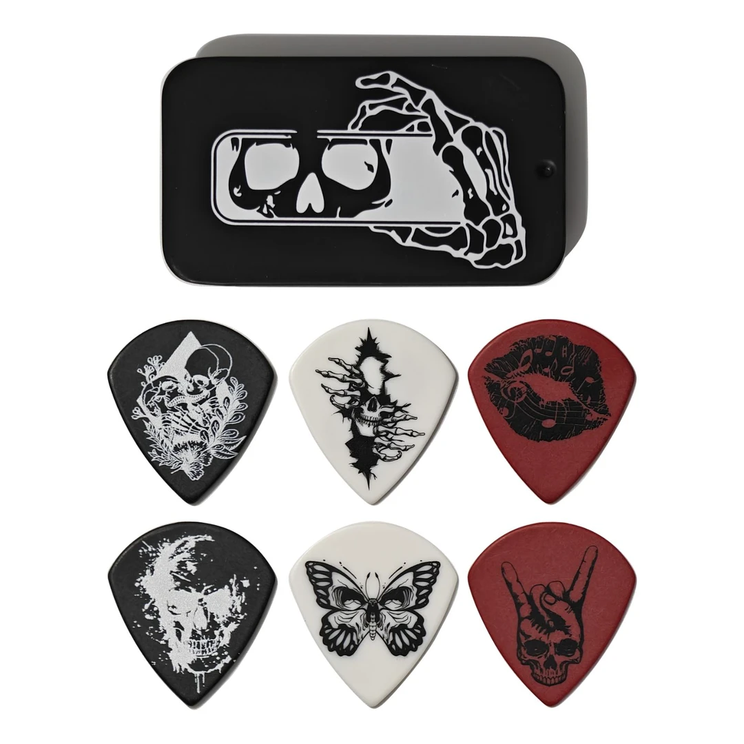 【6片装】JAZZ型骷髅手！1.0-1.5MM防滑吉他拨片套装★扫弦/指弹通用