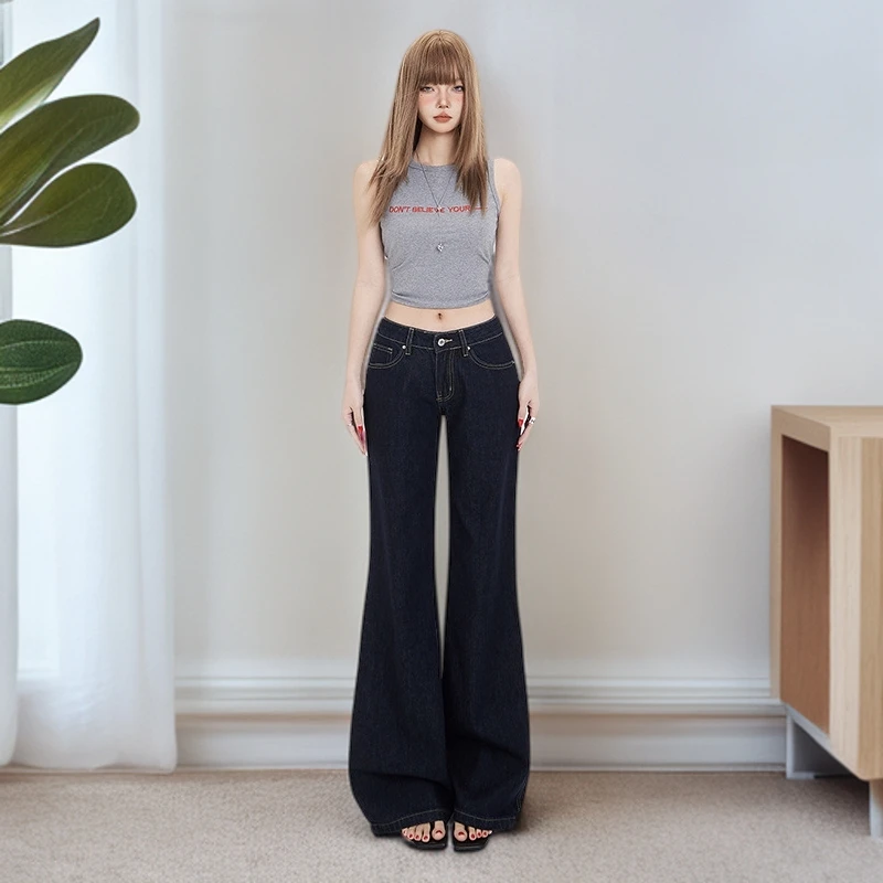 新款胖mm通勤深蓝色低腰无弹牛仔微喇阔腿裤长裤女2025低腰牛仔裤