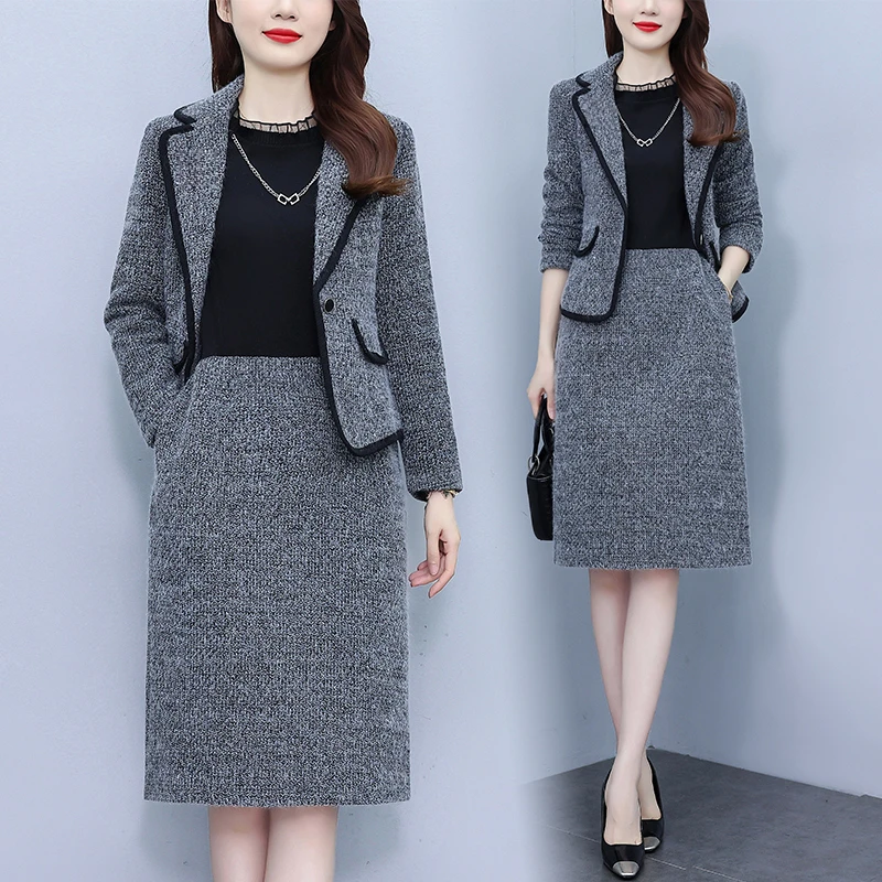 已出货 2025冬季新款大码两件套毛呢拼接连衣裙西装毛呢外套套装