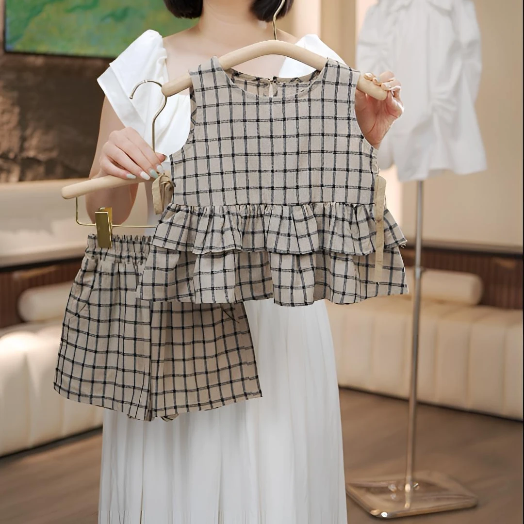 【夏季新款】女童洋气时尚格子无袖简约韩版女宝套装两件