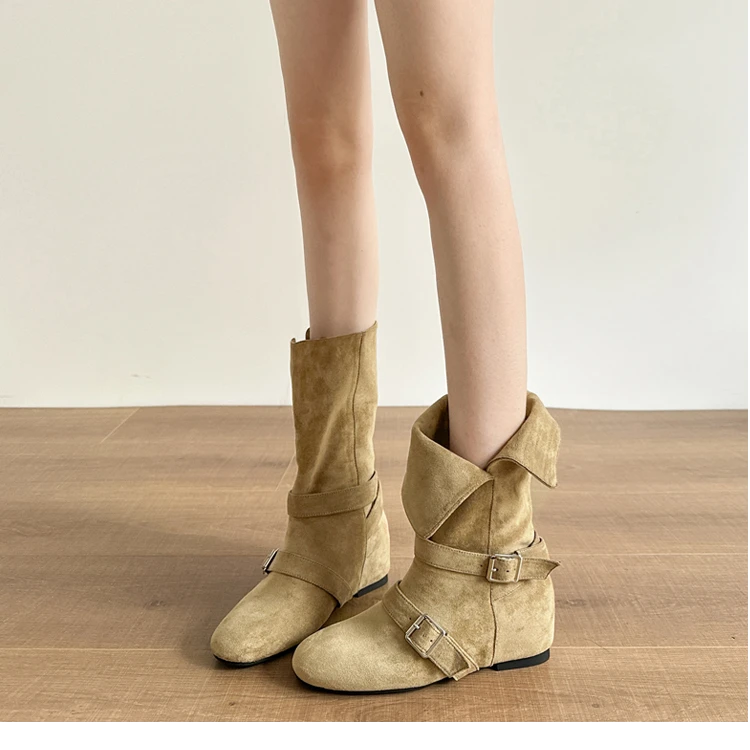 内增高两穿女靴复古休闲风2025秋冬新款高筒平跟网红女马丁靴靴子