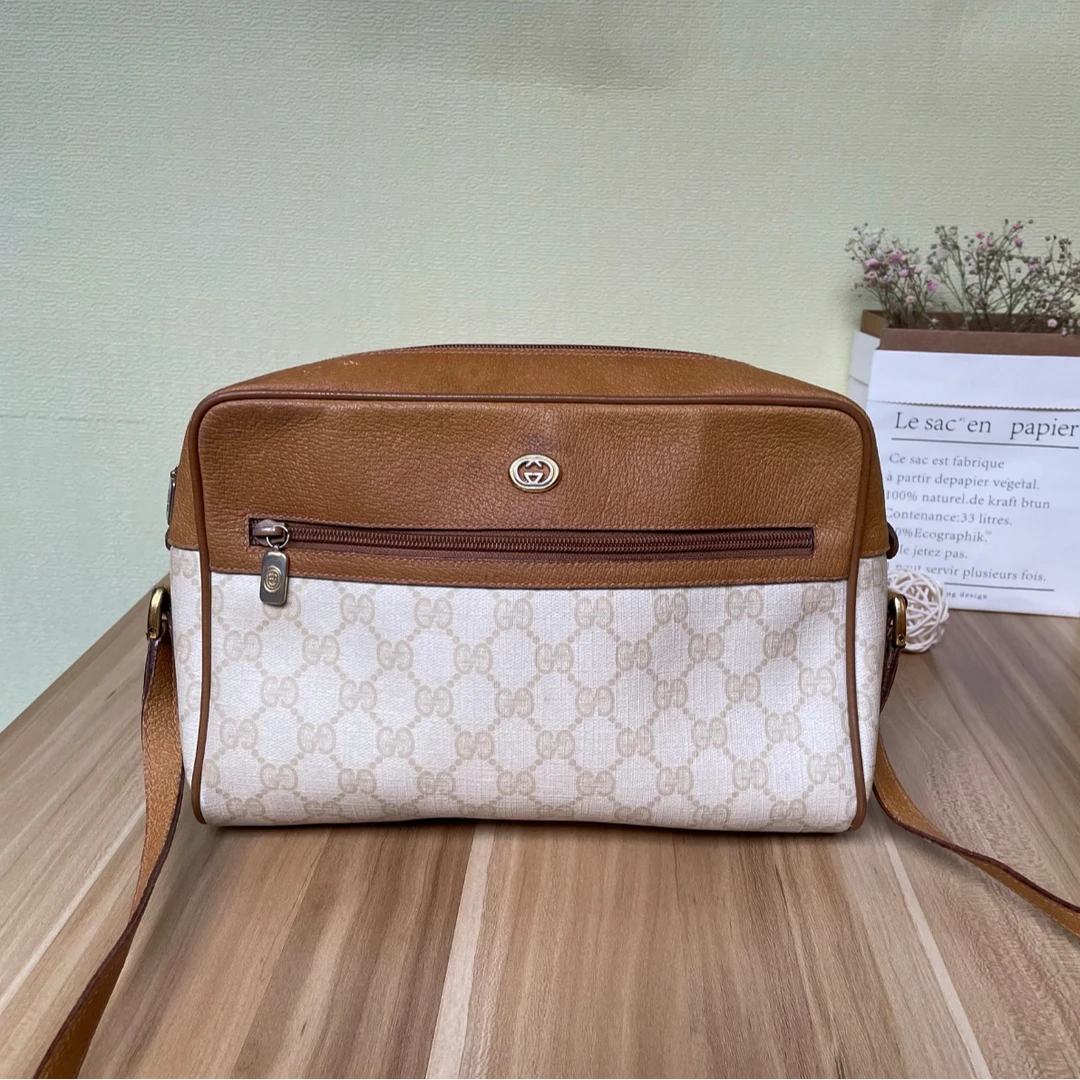 95新 GUCCI/古驰 【诗诗】中古 白老花拼棕色 PVC 相机包