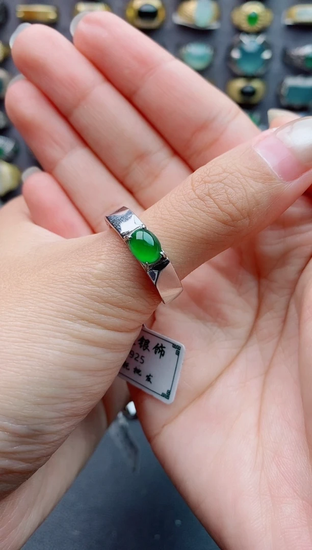 银S925镶嵌戒指翡翠**天然翡翠男戒