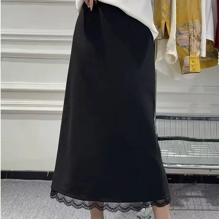 2025黑色气质高腰蕾丝花边显瘦百搭开叉半身包臀裙