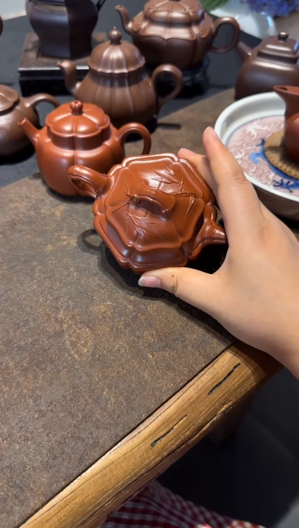 茶壶紫砂六方海棠双线竹鼓