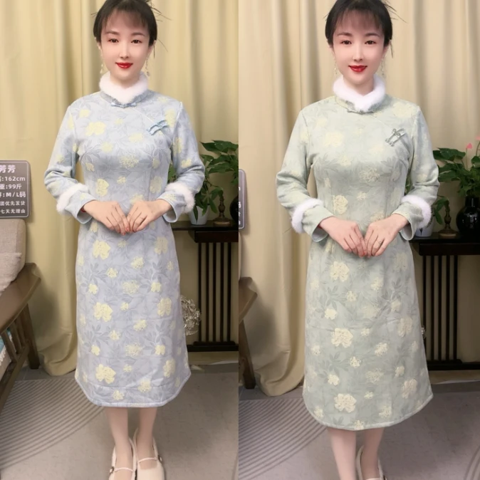 05-含苞欲放冬款麂皮绒旗袍加绒加厚中长款气质时尚修身旗袍M-5XL
