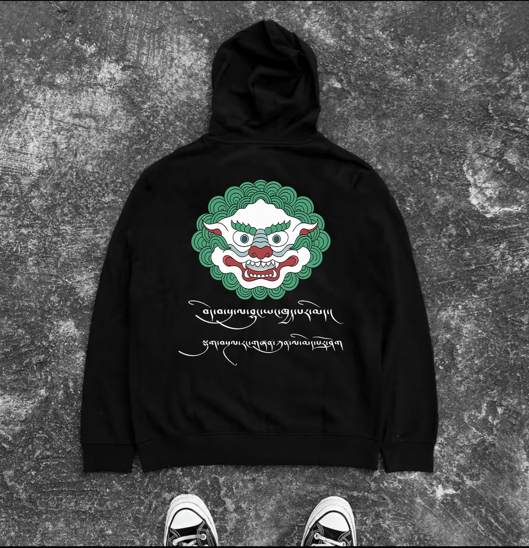 藏式潮牌轻奢服饰男女同款帽衫秋冬季藏文LOGO印花加绒连帽卫衣