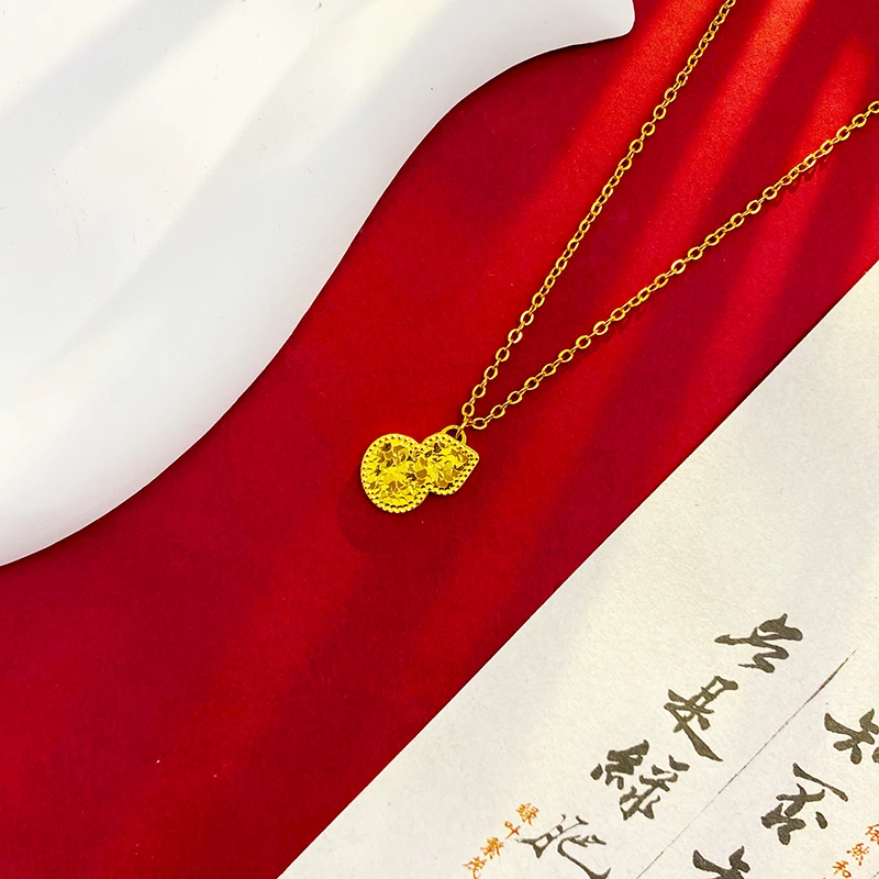 铜合金项链 古法葫芦项链女新中式小众双面车花碎冰冰挂坠中国风