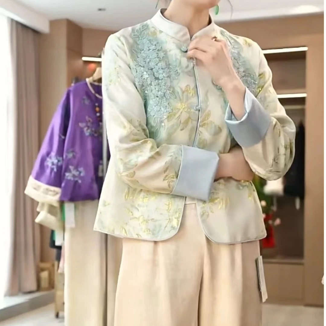 新中式国风珠片立体绣花短外套2025新款暗纹提花气质轻奢立领外套