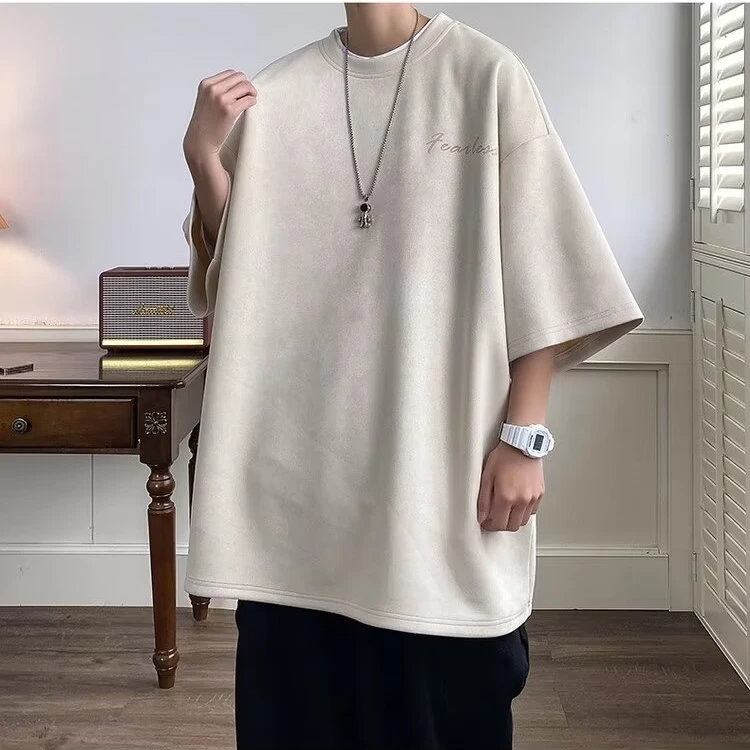 字母印花复古半袖短袖T恤美式麂皮绒体恤打底衫上衣2025年新款潮