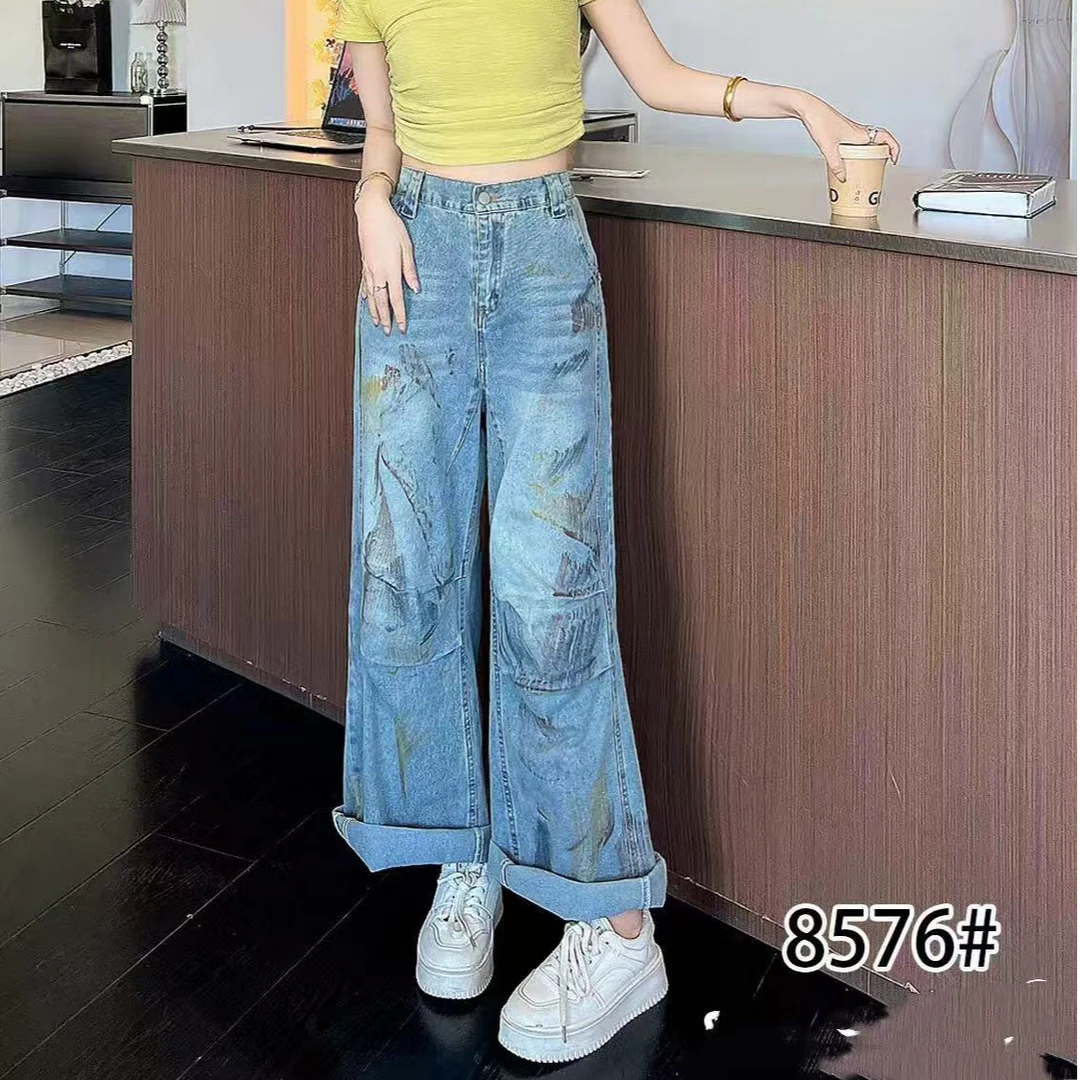 D8576美式高街复古做旧脏染风阔腿弯刀牛仔裤重工宽松拖地裤