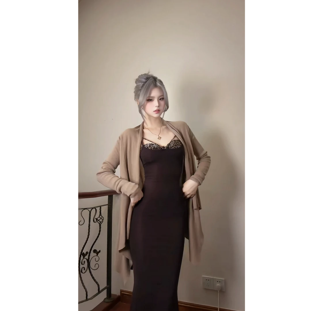 纯欲气质慵懒风不规则外套豹纹拼接吊带性感修身长裙两件套装秋季