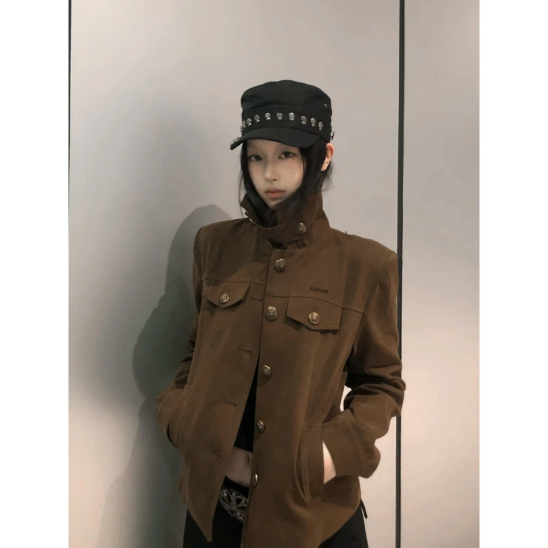 临典棕色翻领工装外套女2025秋季新款复古小众设计感宽松百搭夹克