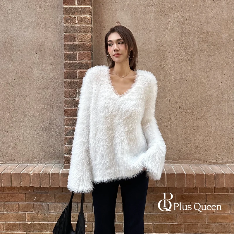 PLUS QUEEN 宏蓝【高个子大码】圣诞氛围感金莎亮丝毛衣打底衫女