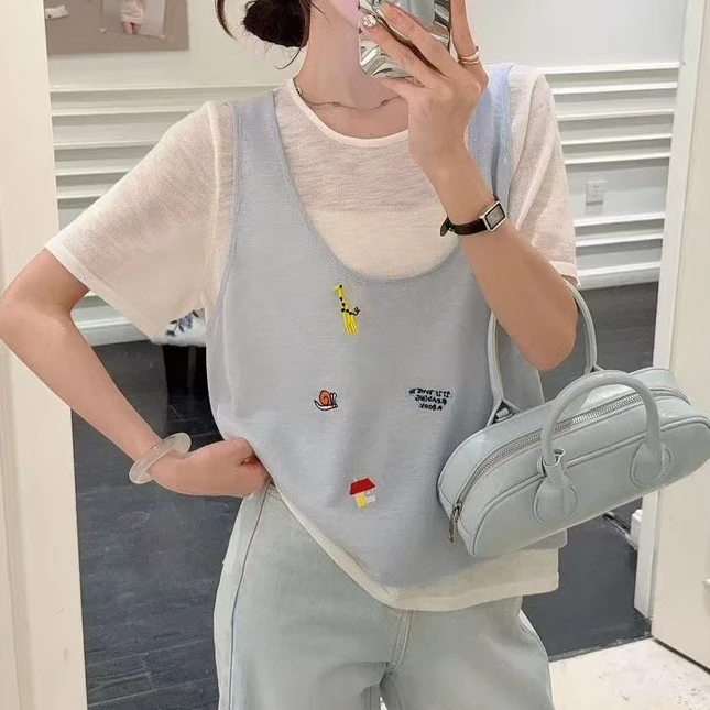 假两件冰爽短袖夏季多巴胺穿搭女衣服女装休闲雪花宽松显瘦上衣潮