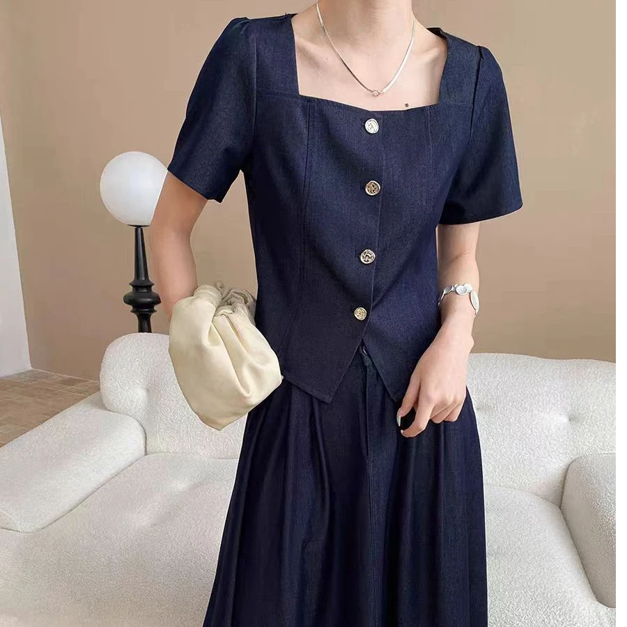 K3039 法式高级感方领牛仔衬衫垂感A字半身裙两件套 L134-2506075