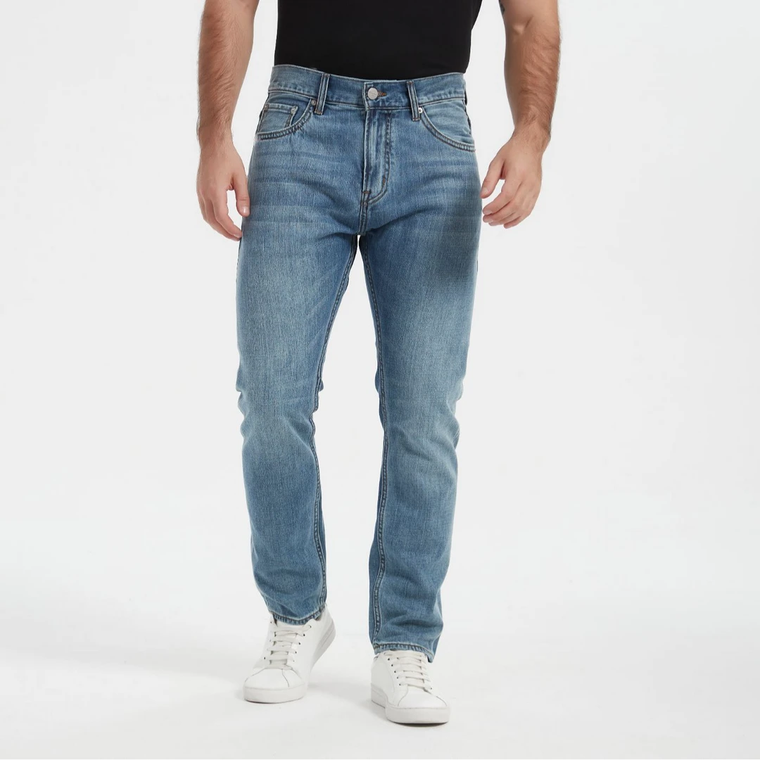 新疆长绒棉赤耳单宁男修身锥形中高腰水洗休闲复古全棉牛仔裤