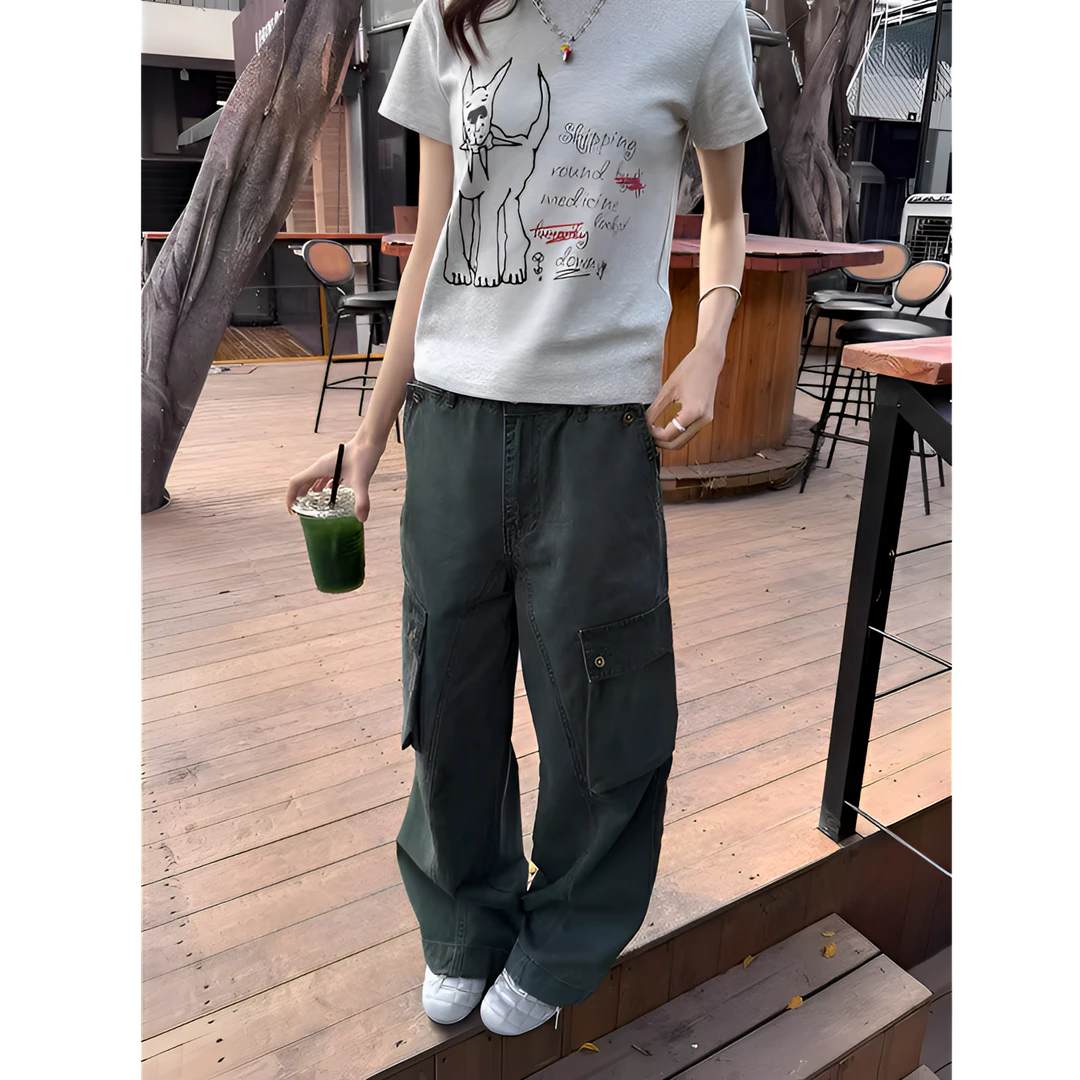 美式复古水洗做旧vintage百搭工装裤口袋宽松直筒休闲裤女