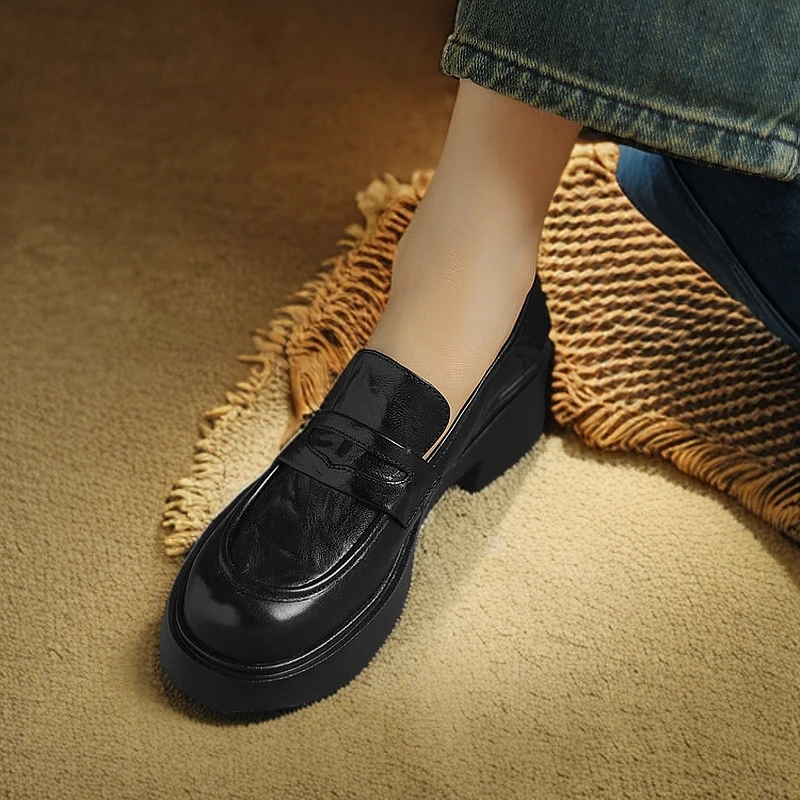 【跟高5公分】【尺码34-40】新款真皮圆头百搭厚底粗跟英伦风女乐福鞋